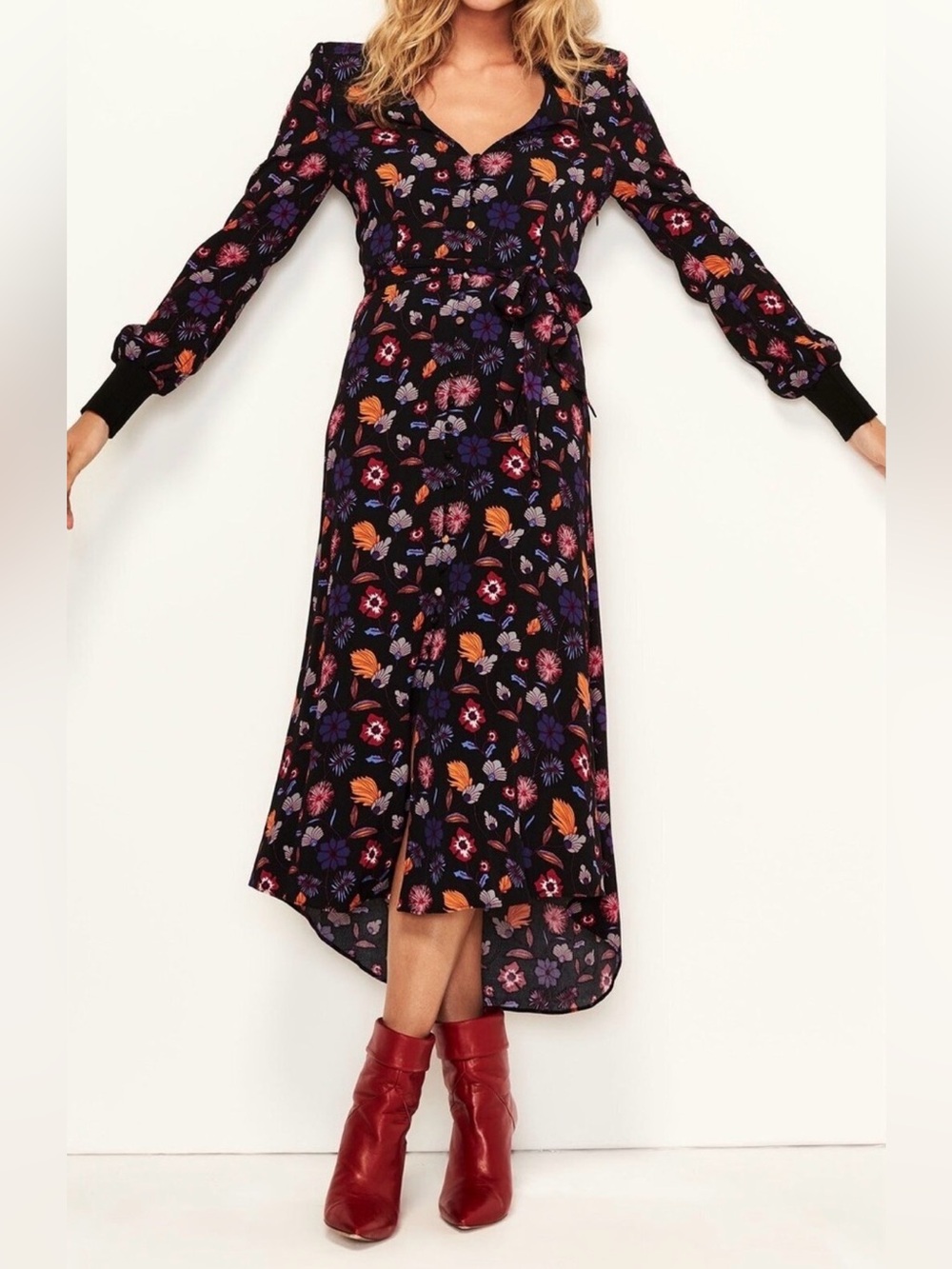 Ba&Sh Malny Floral Dress Autumn Romantic Long Sleeve Midi Wrap Waist Tie